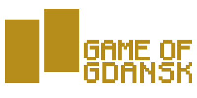 Logo przedstawia dwa złote prostokąty, które są umieszone obok siebie na białym tle. Po prawej stronie znajduje się złoty napis: „Game of Gdansk”. Napis jest stworzony z małych, połączonych ze sobą kwadracików.
